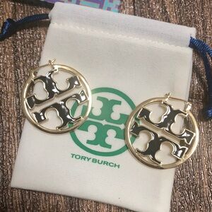 Authentic Tory Burch Gold & Black Logo Hoop Earring NWT